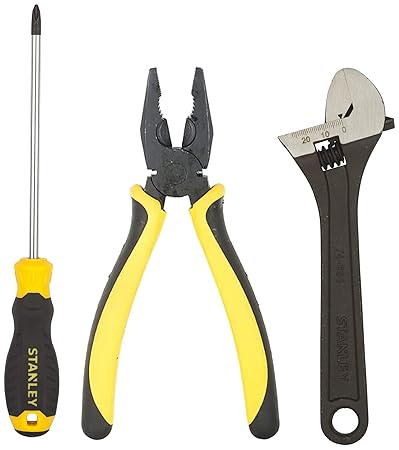 STANLEY 70-482 8'' Sturdy Steel Combination Plier Double Color Sleeve & STMT60811-8 Cushion Grip Screwdriver Phillips-PH2x150mm & STMT74894-8 Adjustable Phosphate Plated Wrench - 200mm