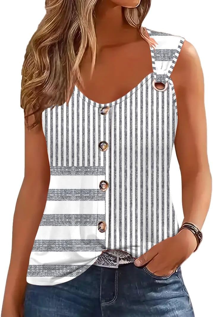 Womens Summer Tops Scoop Neck O Ring Shoulder Tank Tops Casual Sleeveless Button Front T Shirt Blouse