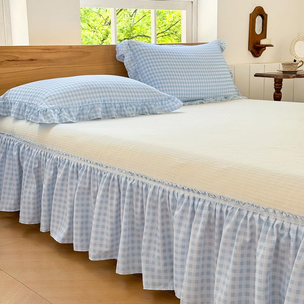 Blue Gingham Wrap Around Ruffled Bed Skirt with Lace Decor, Plaid Grid Adjustable Elastic Dust Ruffles for Full Bed, 15 Inch Drop Farmhouse Cottage Pleated Bed Frame Cover(Blue Gingham, Full)