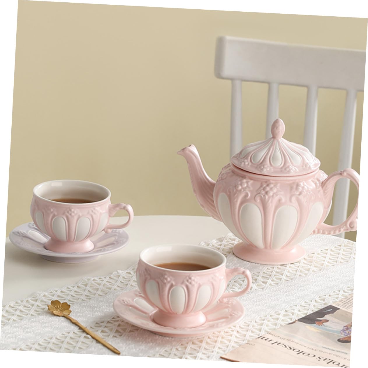 Europäisches Keramik Kaffeebecher mit Relief, 2 Stück Rosa | Ergonomischer Griff, 1, für Tee und Wein, Passend für Café und Dessertshop