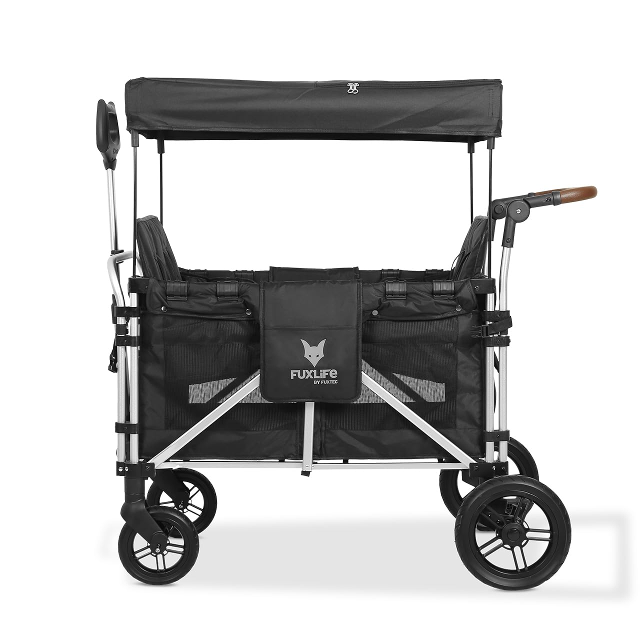 FUXTEC FX-CTXL900 Premium Czarny – Skladany wózek 4-osobowy XL z daszkiem, podwójnymi siedzeniami, pasami 5-punktowymi i pelnymi kolami gumowymi