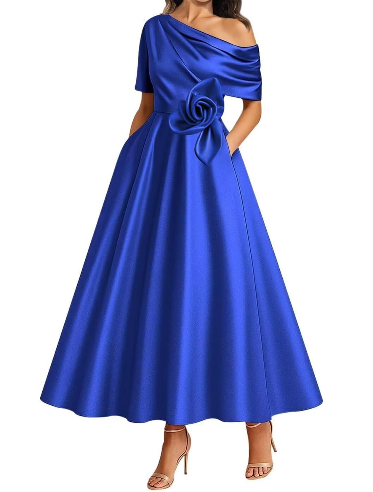 Wisiyle Women's Royal Blue 3D Flower Bridesmaid Dresses Cap Sleeve Prom Mother Of The Bride Dress One Shoulder Wedding Formal Gowns Wql008 Uk16