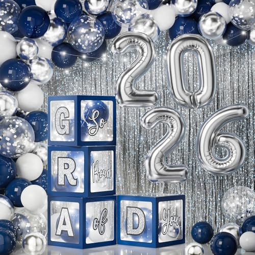 Boîte à ballons bleues et argentées Asoulin lot de 86 avec rideau alu et guirlande LED