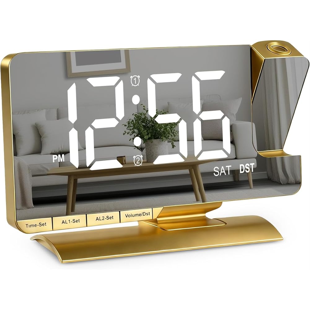 Hndhbfgrt Mirror Clock,7.3", Charging Port Dual Alarm with 3 Modes, Brightness Adjustment DST Snooze Functionality for Desk for Teens Projection