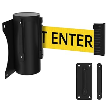 Wall Mount Crowd Control Barriers 1 Pack, TrreZON Fixed Retractable Barrier with Steel Case 10 Yellow Belt with "Caution DO NOT Enter" for Grocery, Retail Store, Office, Stadium, School