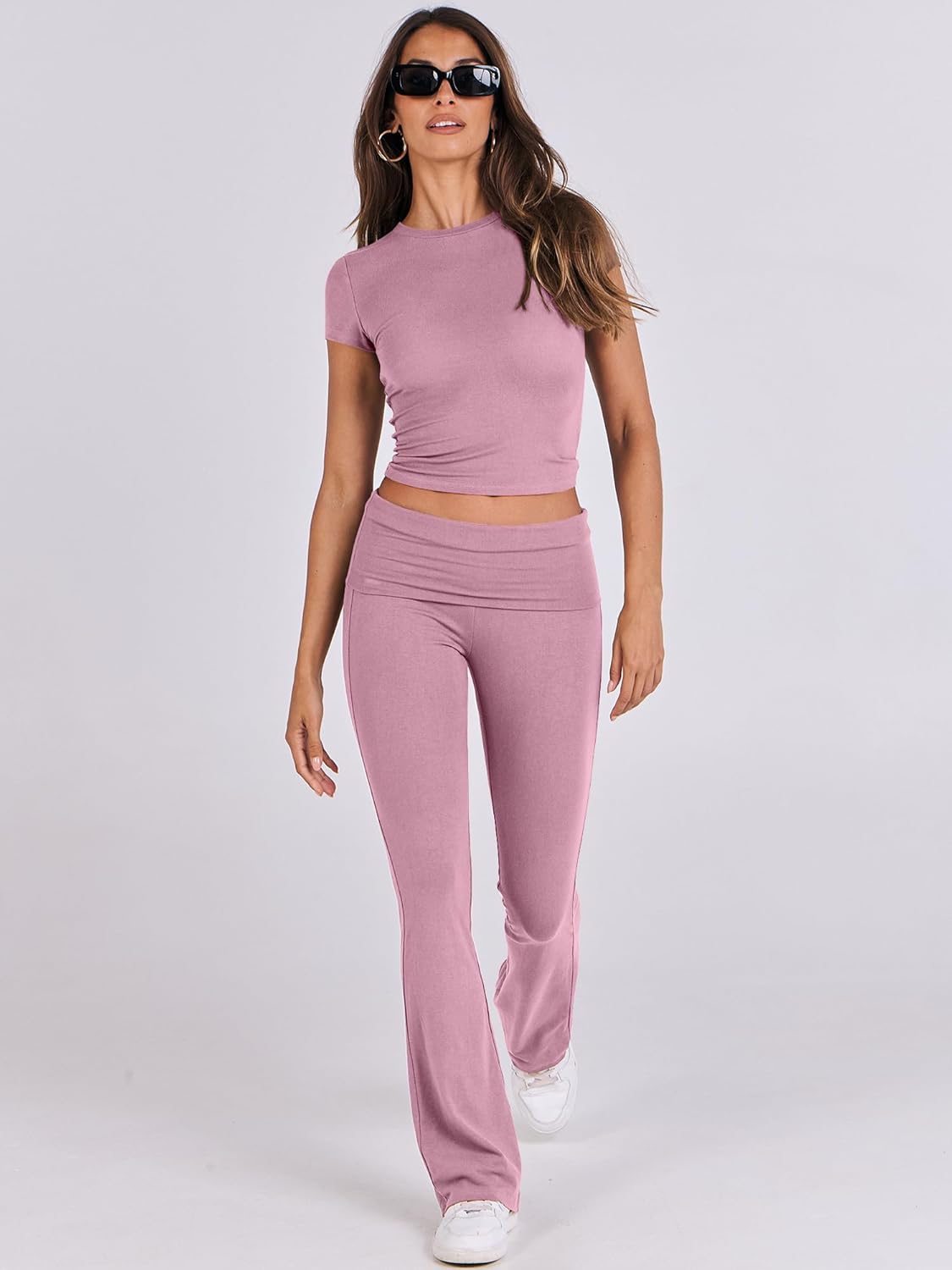 ANRABESS Lounge Sets for Women 2 Piece Foldover Yoga Flare Leggings Pants Crop Tops Casual Y2K Outfits Matching Tracksuit Set - Image 9