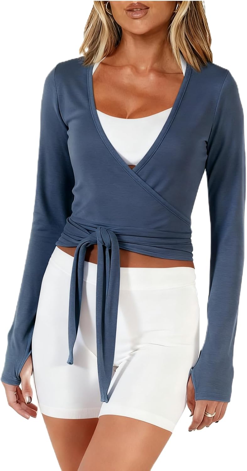 Women Pilates Wrap Top Long Sleeve Thumb Holes Workout Ballet Tops Self Tie Slim Fit Yoga Dance Shirt