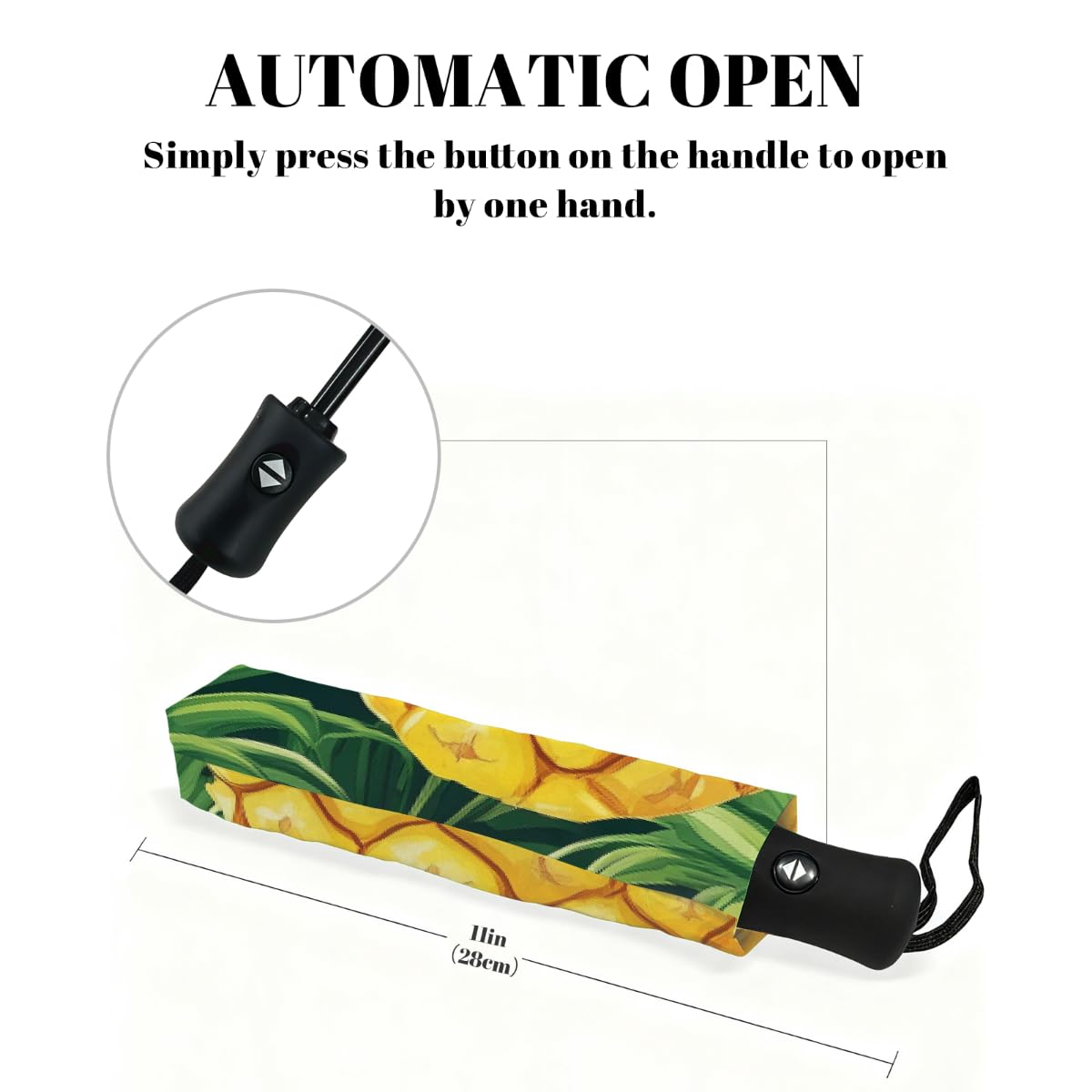 Ombrello pieghevole con motivo di ananas giallo, ombrello da viaggio, compatto, antivento, impermeabile, con protezione UV, rivestimento nero, leggero, 8 costine, portatile, per pioggia e sole