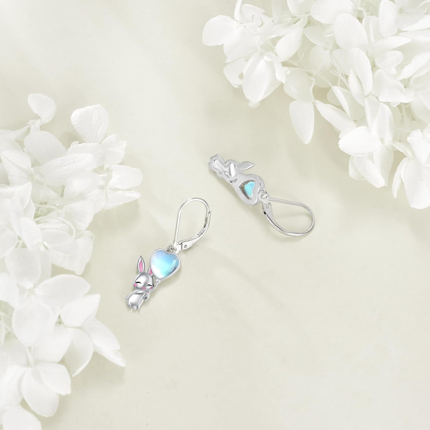 Cat/Rabbit/Koala/Fox/Owl/Panda Earrings 925 Sterling Silver Moonstone Dangle Earrings Cute Animal Leverback Earrings Jewelry Gifts for Women Animal Lovers