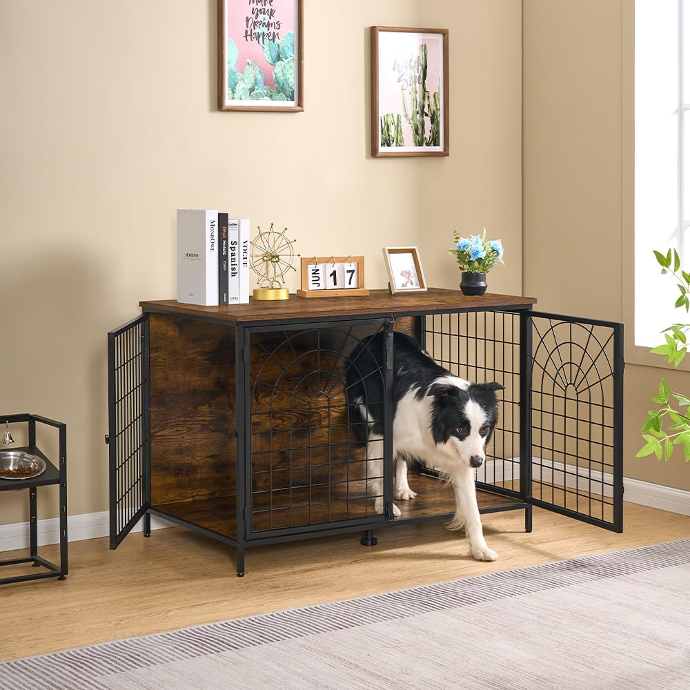 Hzuaneri 100cm Gabbia per Cani, Tavolo Supplemento, Nicchia Moderna per Cani, Kennel cane Medio Piccolo, Casetta per Animali, 3 porte, 60 x 100 x 70 cm, Anti-masticazione Anti-fuga, Marrone Rustico
