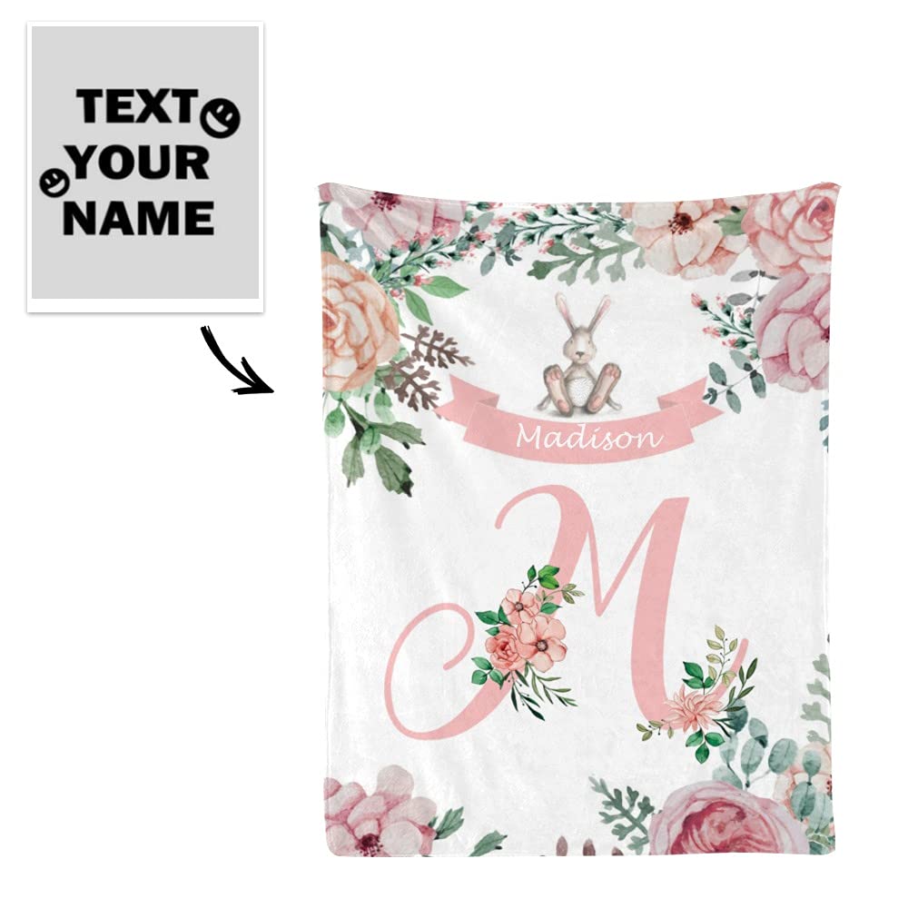 Personalized Baby Blanket - Floral Bunny Design, Custom Name, 30x40 Inch Flannel Swaddle For Shower Gift - View #5