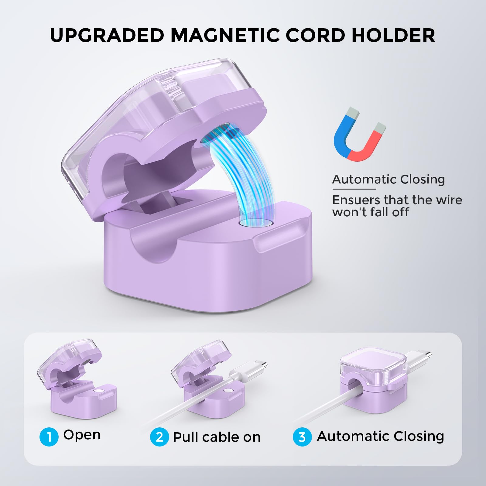 AhaStyle 6 Pack Magnetic Cable Organizer [1s Lock] Cord Holders Clips Strong Adhesive Cord Keeper [Smooth Adjustable] Hide Wire Cord Organizer for Nightstand Kitchen Car Office (Lavender)