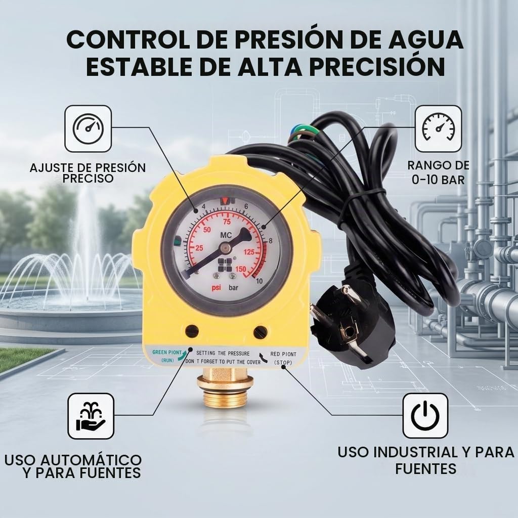 Regulador de Presión Para Bomba de Agua 220V Npt1/2, Presostato Electrónico Ajustable 10 Bar Para Bombas Sumergidas Y de Chorro Profundo con Cebado Automático (Enchufe Ue)