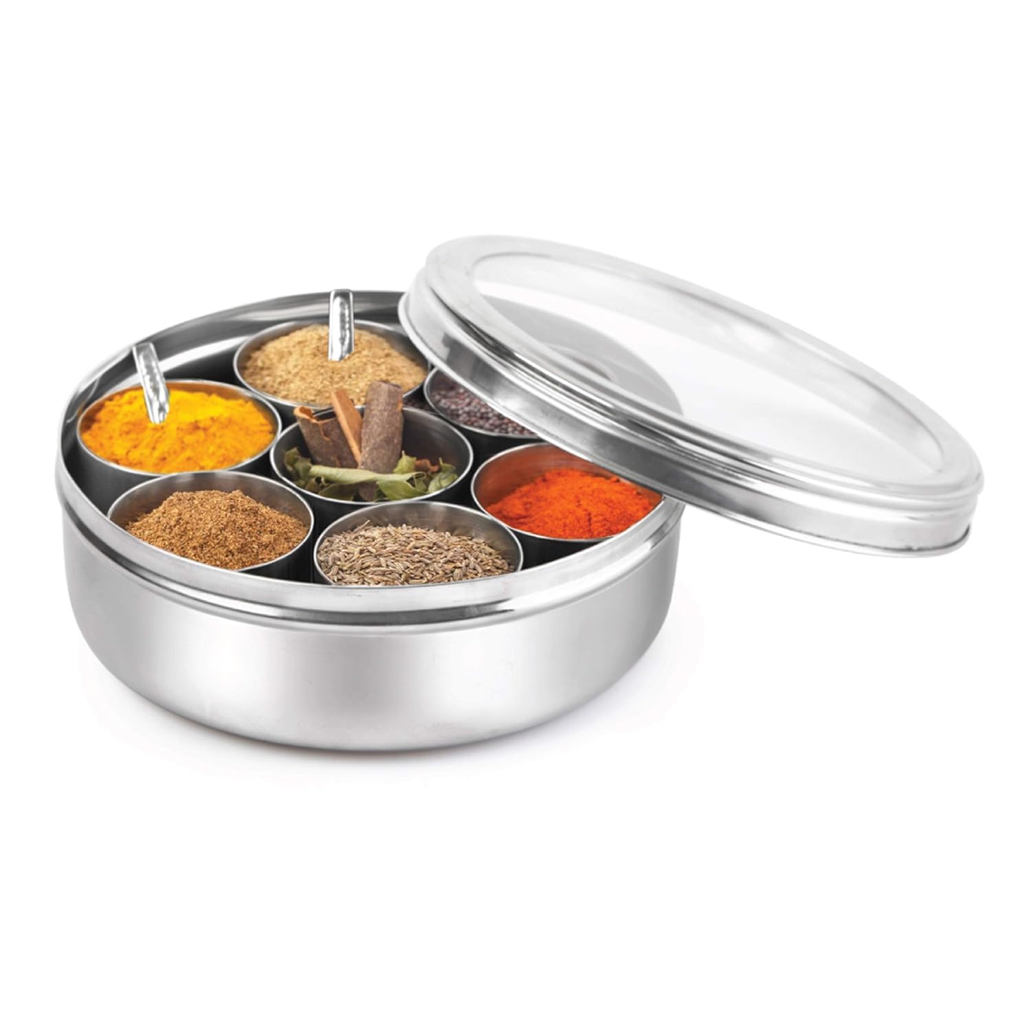 Konquer TimeS Stainless Steel Masala (Spice) Box/Dabba/Organiser with See Through Lid with 7 Containers and Small Spoon (Plain -Small)