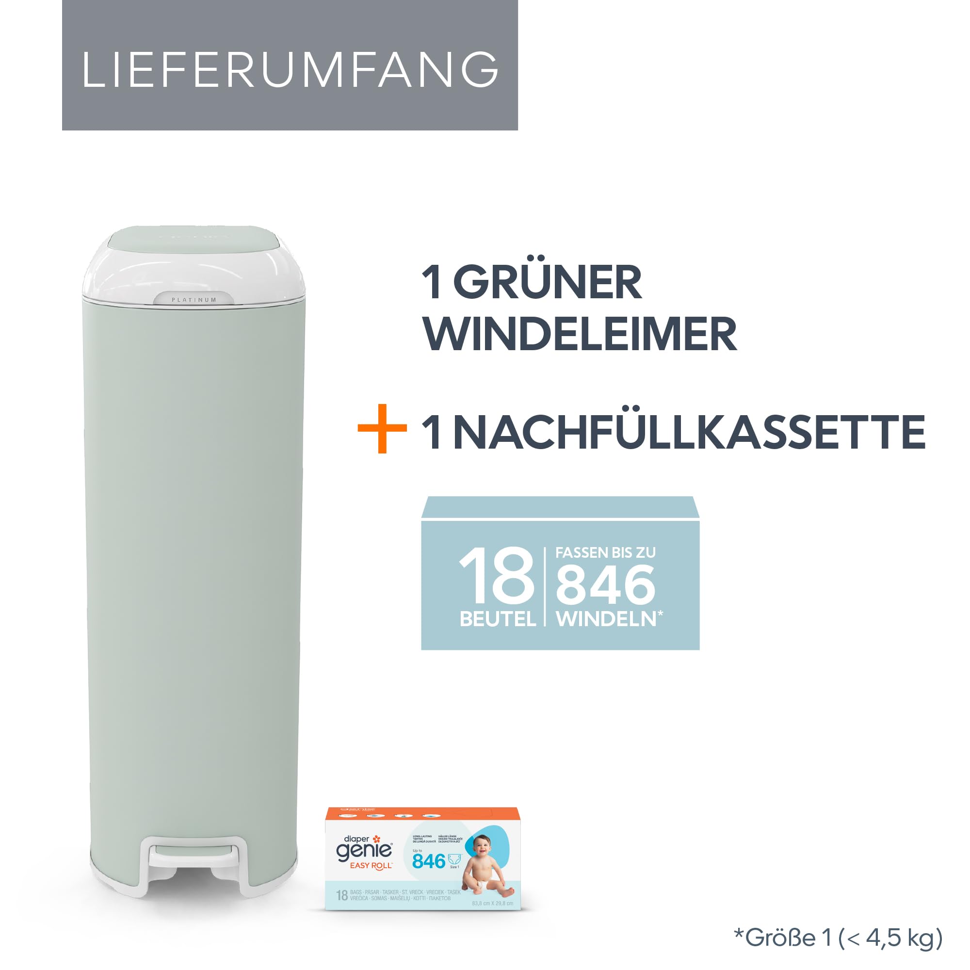 Diaper Genie Platinum Edelstahl Windeleimer mit Fußpedal, abreißbare Beutel