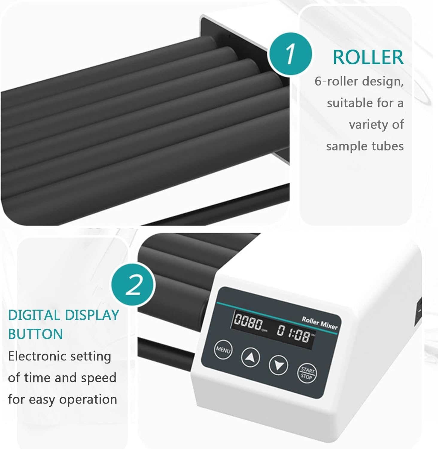Labor-Rollenmischer mit 6 Rollen, LCD-Digitalanzeige, Drehzahlregelung, Orbitalrotator-Schüttler mit Timerfunktion, zwei Betriebsmodi (Rollen und Schwingen), zeitgesteuerter und kontinuierli