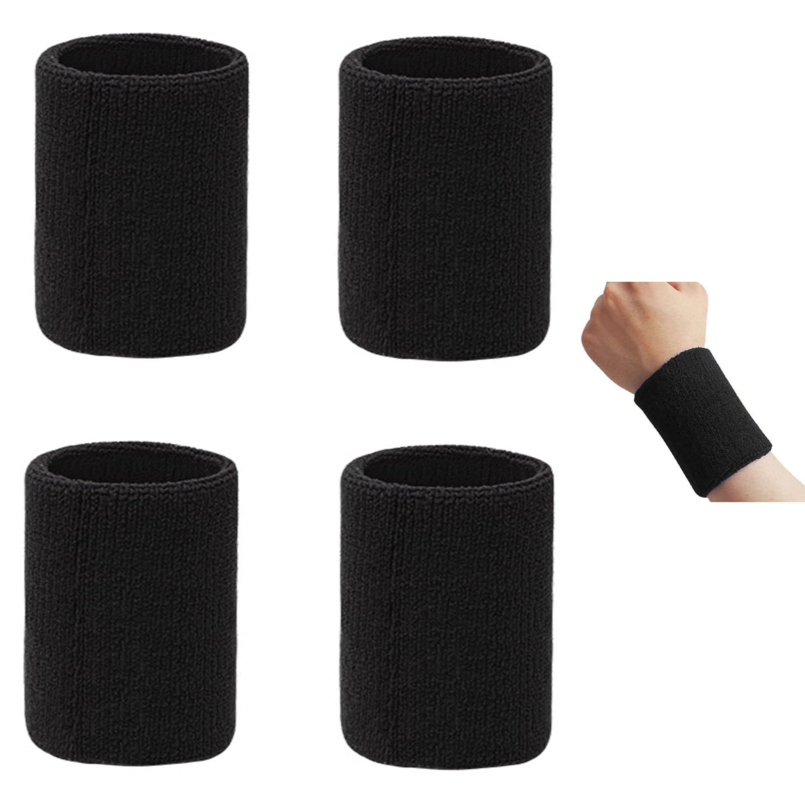 2 Pairs/4 Pack Black Wrist Sweatband, Athletic Cotton Sweat Bands Wristband Tennis Band For Sports Running Gym