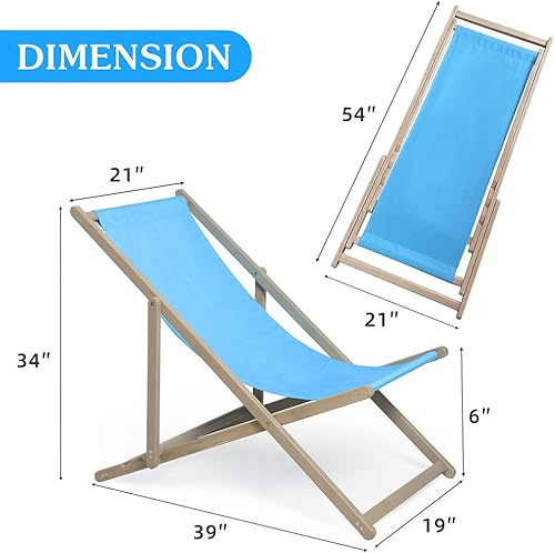 Miniatura 3 de Juego de 2 sillas de playa, sillas plegables de madera ajustable para exteriores con lona de poliéster azul, silla de playa reclinable portátil