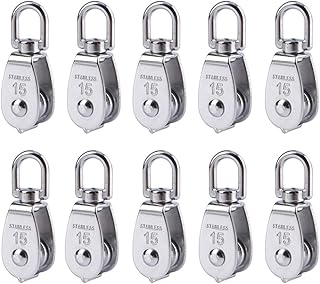 Rocaris 10 Pcs Stainless Steel Wire Rope Crane Pulley Block M15 Lifting Crane Swivel Hook Single Pulley Block Hanging Wire Towing Wheel