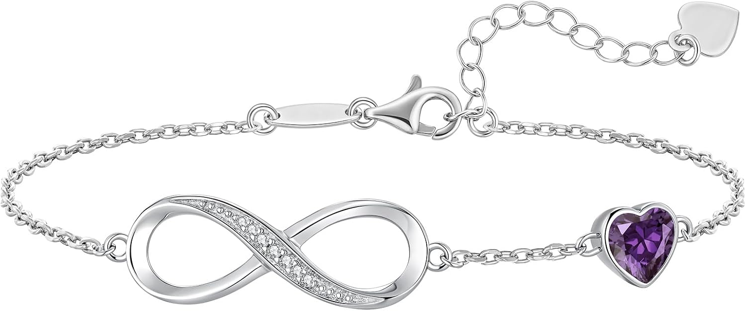 CDE Infinity Heart Birthstone Charm Link Bracelet for Women 925 Sterling Silver Adjustable Mother's Day Valentine's Day Christmas Day Gift Anniversary Birthday Jewelry for Wife Girlfriend Her