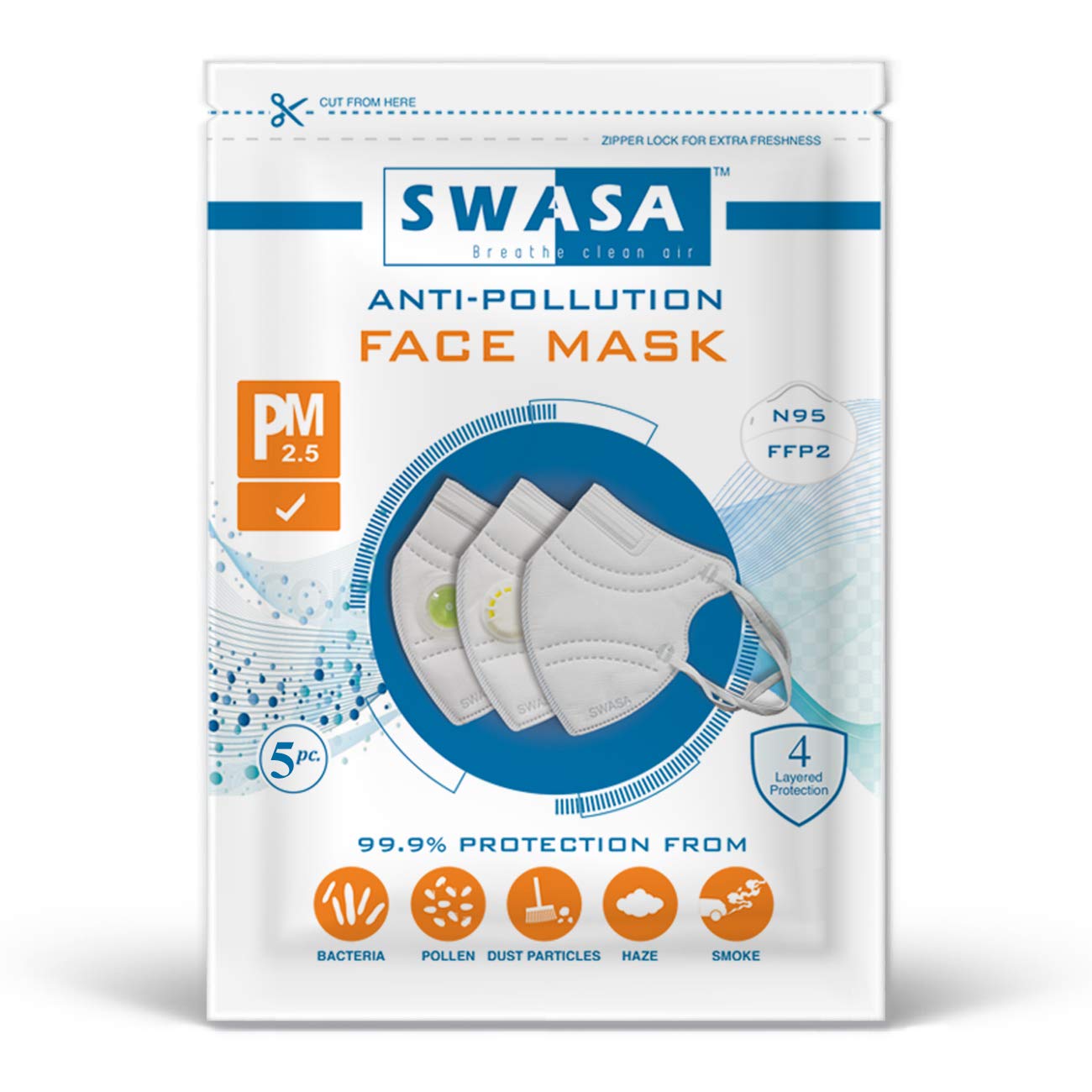 SWASA - Breathe clean air N95 Mask FFP2 Type Certified Nanofiber Reusable & Washable with Nose Pin (PM 2.5, Pack of 5, Without Valve).