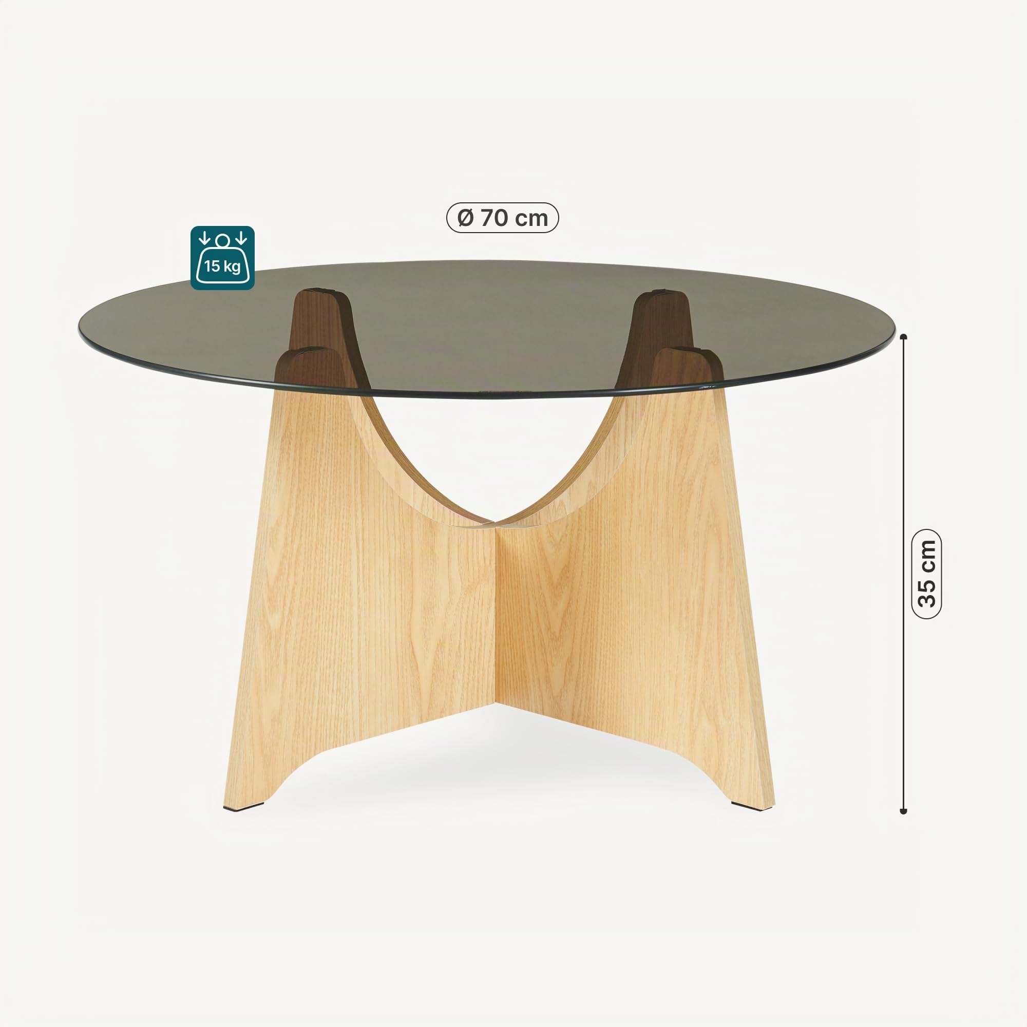 [en.casa] Tavolino da Salotto con Piano Rotondo in Vetro Fumé Temperato Tavolo Basso Centrale da Caffè Ø70 x 35 cm per Soggiorno Living Studio - Effetto Rovere/Grigio Fumo