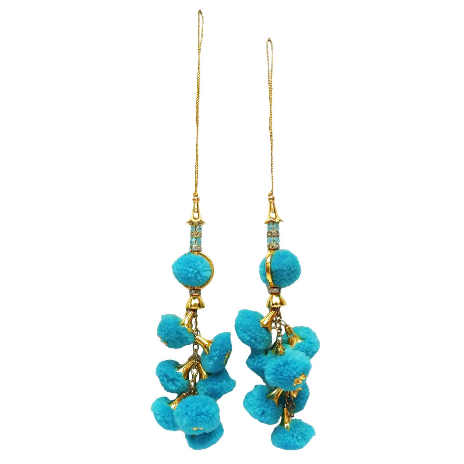Borlas con cuentas y pompones azules para decorar blusas y saris