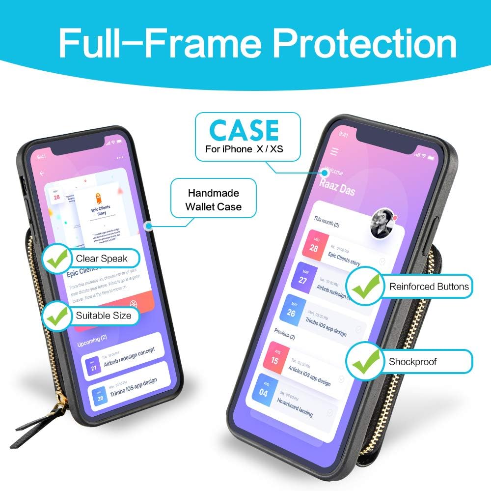 Product Deal iPhone Xs Wallet Case, JLFCH iPhone Xs Zipper Case with Card Slot Holder Zipper Closure Detachable Wrist Strap Crossbody Shouder Chain Purse for iPhone X/XS 5.8 inch - Black