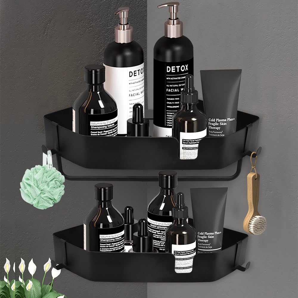 MININUSI 2 Pcs Estanteria Baño Sin Taladro Rinconera Ducha Negro Mate Estante Adhesivo de Esquina Estante de Ducha Esquina Cesta de Ducha Estante de Esquina para Ducha con 4 Ganchos, Acero Inoxidable