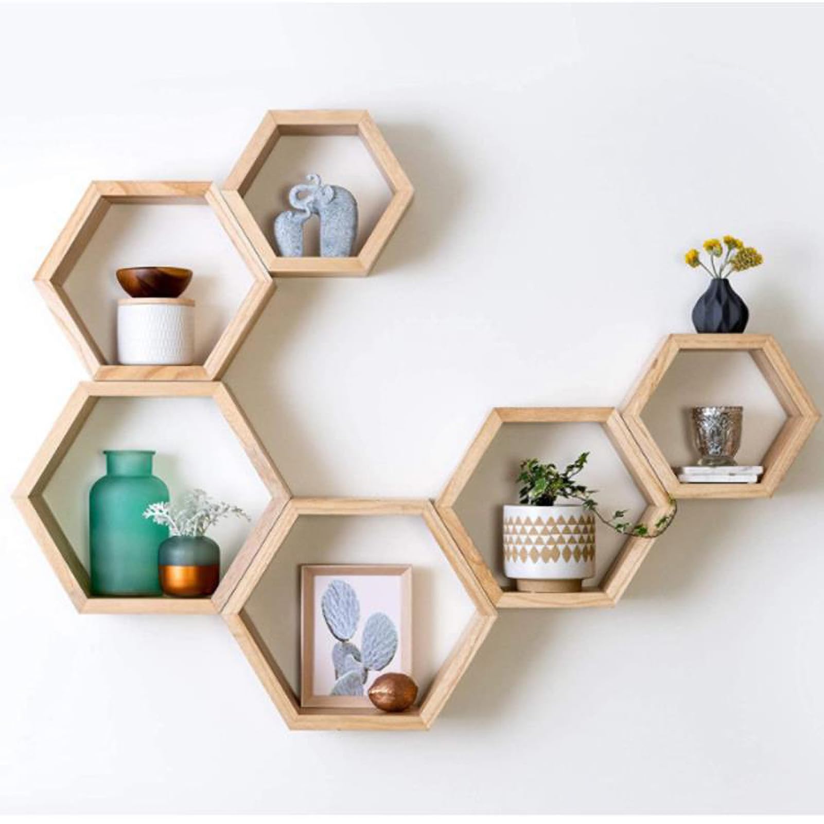 Juego de 5 Estantes Flotantes Octágonos y Hexagonales de Madera Rústica Montados en la Pared para Fotos y Plantas