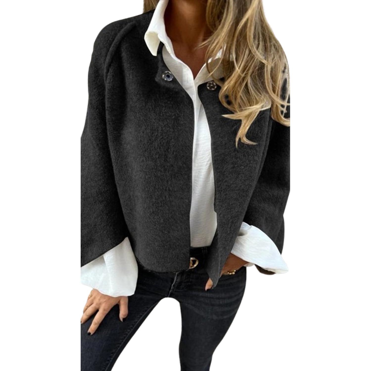 PNZLZIA Women's Round Neck Woolen Long Sleeve Coat, Soft Warm Cashmere Cardigan Jacket, Women Cropped Wool Blend Coat (X-Large,Black)