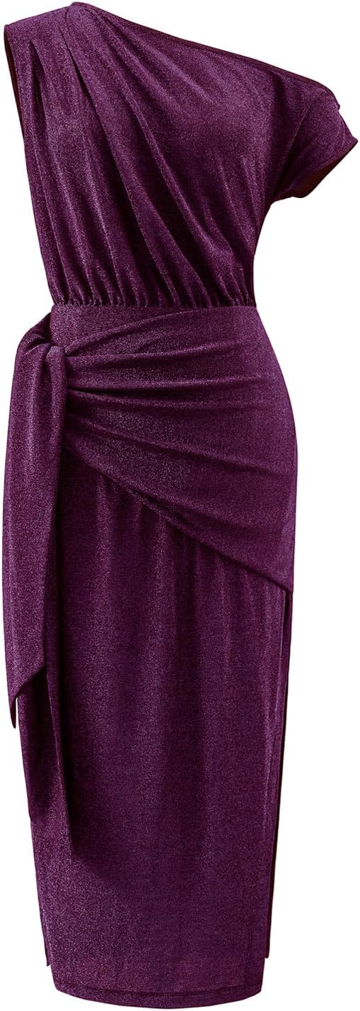 MISSCHEN Santiago レディース ワンショルダー グリッター ミディドレス &ndash; エレガントなフリル付きボディコン イブ