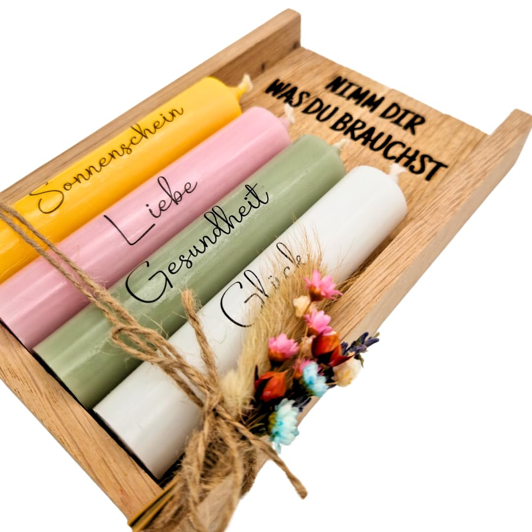 HolmCraft - Nimm dir was du brauchst | Deko Kerzenhalter Set | Handgefertigt | Perfekte Geschenkidee zum - Geburtstag, für Frauen, Freundin & Schwester | Wunscherfüller (rosa, gelb, grün, weiß)