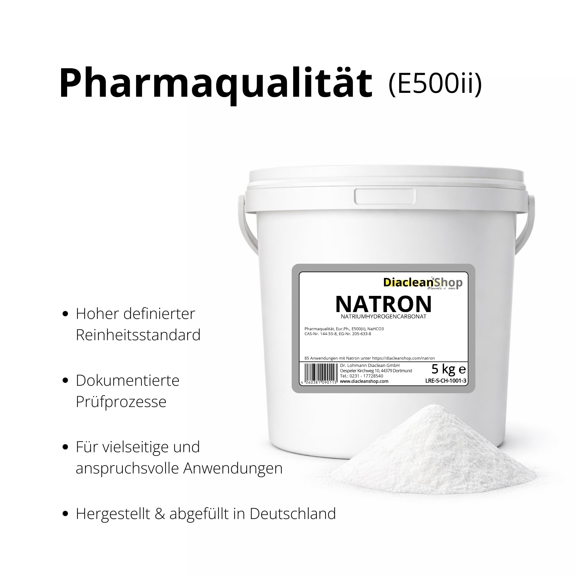 DIACLEANSHOP Natron Pulver 5kg – Pharmaqualität E500ii | Deutsche Herstellung & Abfüllung | vielseitig für Küche, Backen, Haushalt, Bad, Körperpflege & DIY