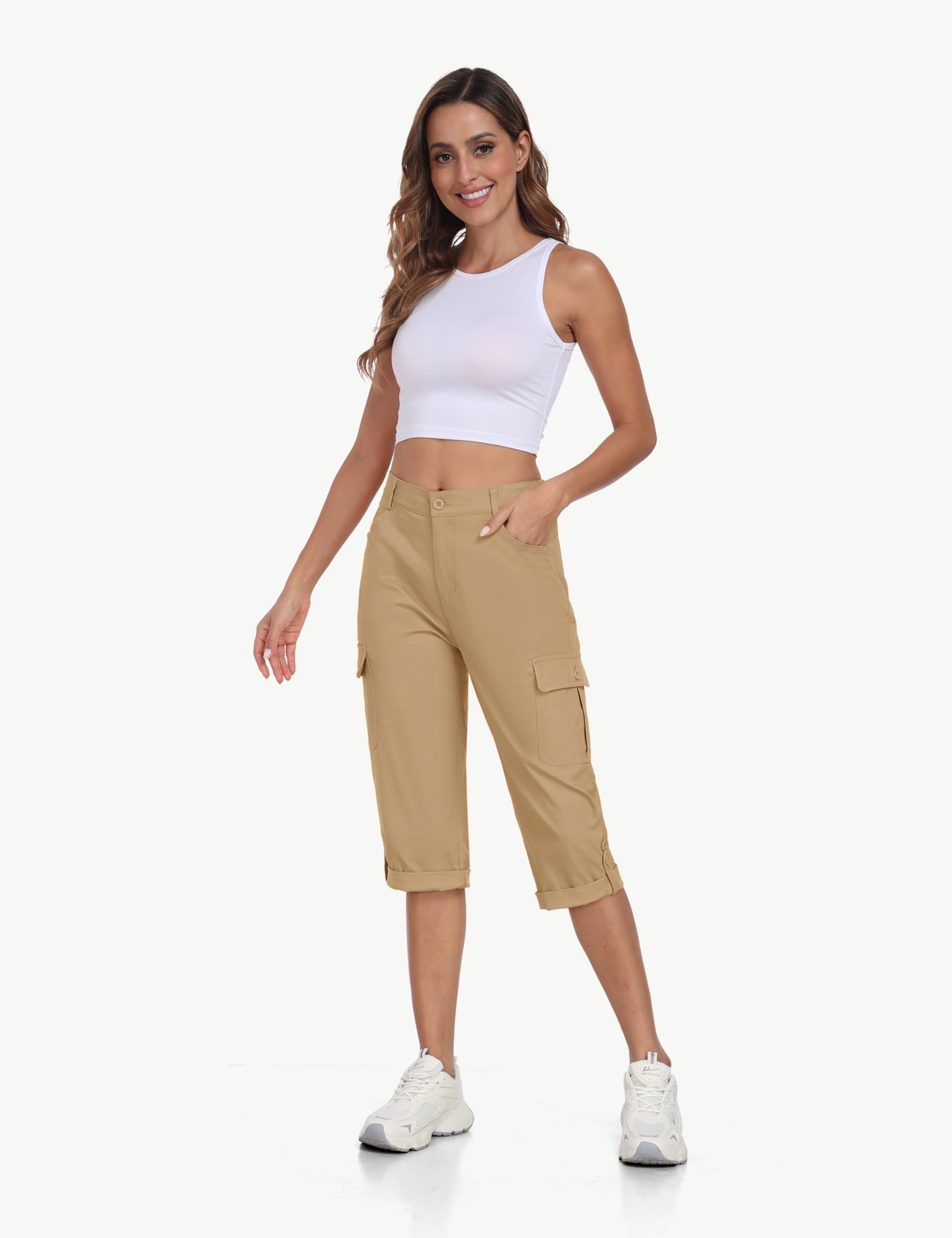 MoFiz Femme Cargo Pantalon Cotton Randonnée Capri Pants Taille Elastique Trekking Pantalon avec Poches