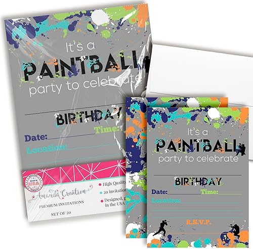 Miniatura 1 de Invitaciones para fiestas de cumpleaños con temática de paintball, 20 tarjetas de relleno de 5 x 7 pulgadas con veinte sobres blancos por