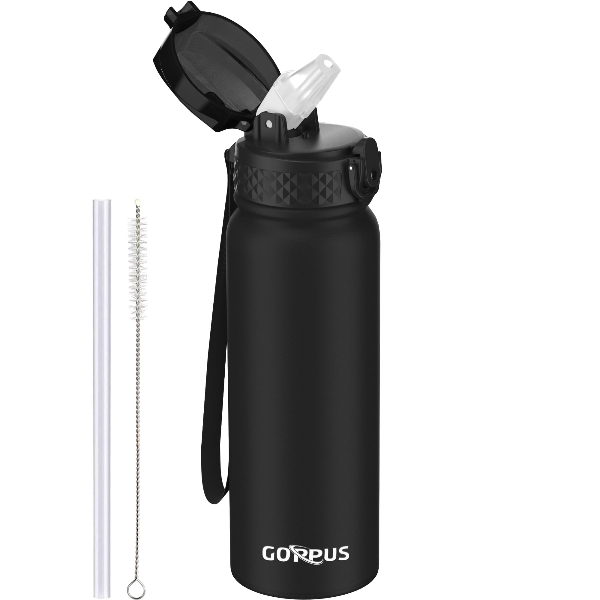 600ml/20oz Stainless Water Bottle with Straw Double Wall Insulated Bottles with Strap Reusable Vacuum Thermal Flask Leakproof Keep Cold Drinks Bottles with Flip Top Lid for Men Women BPA Free