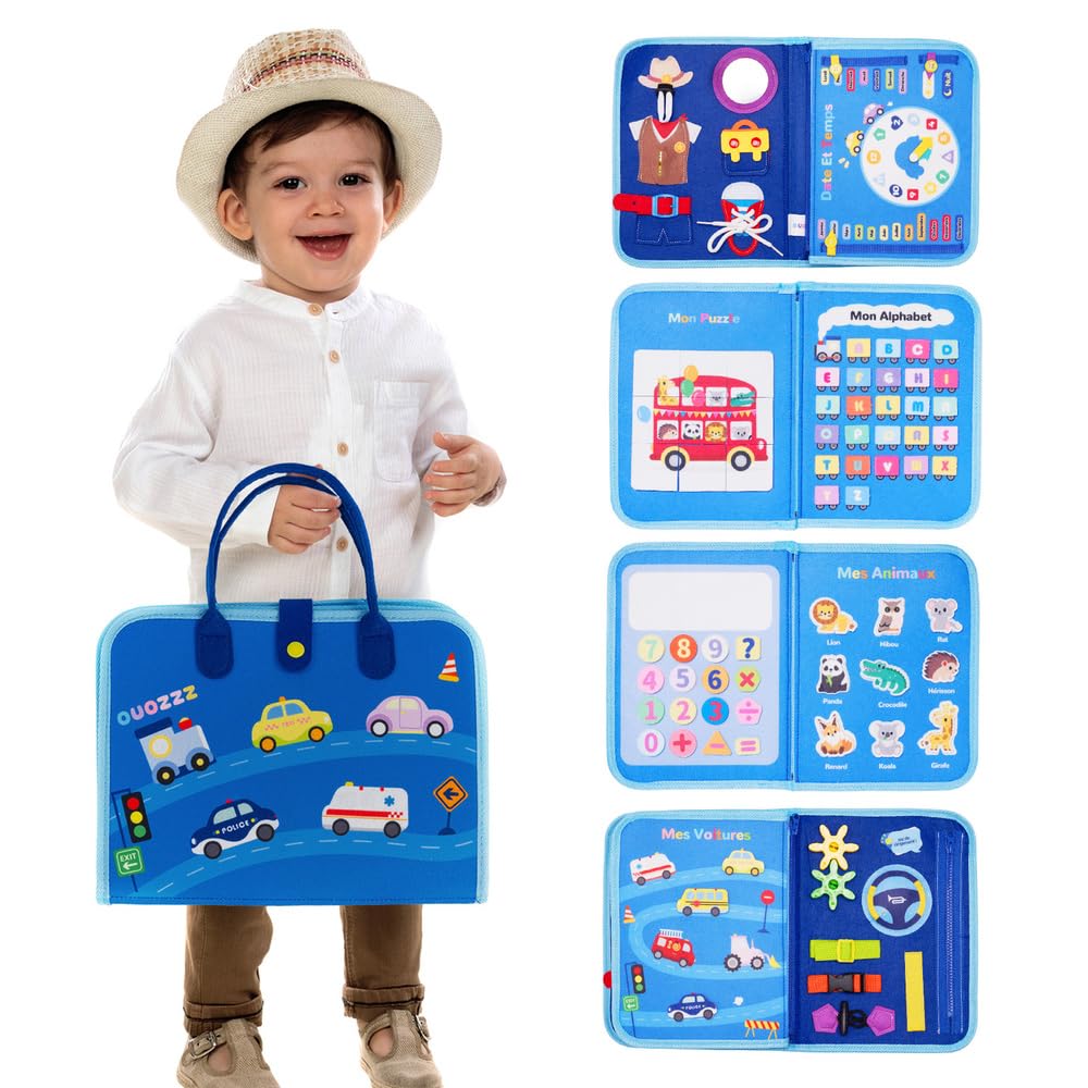 OUOZZZ Busy Board Montessori Voiture en Français – Jouet Éducatif 1 2 3 Ans – Apprentissage des Lettres, Chiffres et Compétences de Vie – Tableau d’Activité Bébé Voyage – Cadeau Fille Garçon