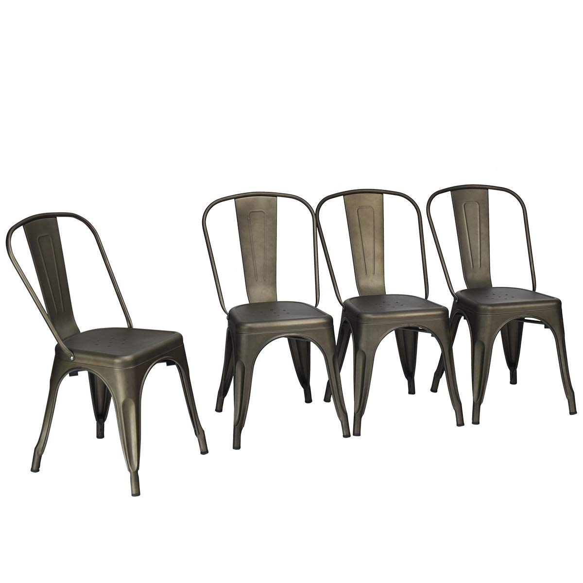 TANGZONDining Chairs Set of 4, Stackable Steel Tolix Kitchen Chairs with Slat Backrest & Elm Wood/Hollowed Seat, Industrial Bistro Side Chair for Dining Room Restaurant Patio (Hollowed Seat, Gun)