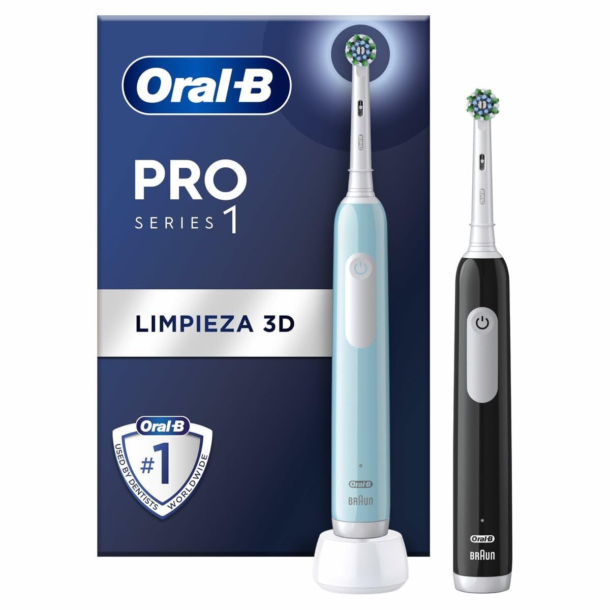 Oral-B Pro Series 1 Zestaw 2 elektrycznych szczoteczek do zębów, niebiesko-czarne, 2 szczotki do czyszczenia 3D, usuwają płytkę dentystyczną, timer, akumulator