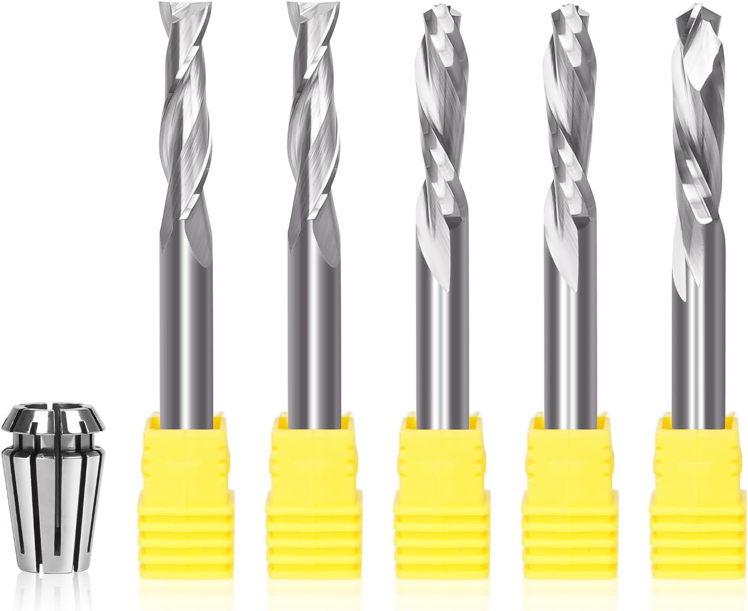 5PCS CNC Router Bits 1/4 Inch Shank Includes 1/4" ER11 High Precision Collet, Spiral Upcut Downcut Compression Router Bit Solid Carbide End Mills for Wood Cut, Carving