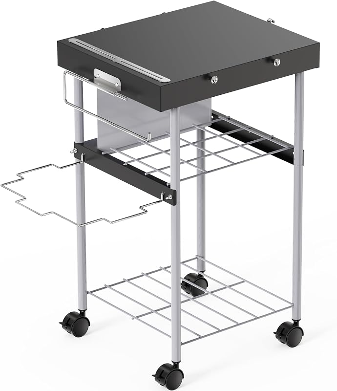 2-in-1 Grill Cart & Prep Table with Storage Shelves for Weber 22" & 18" Kettle Grills, Small Hook-On Grill Side Table, Grill Stand for Blackstone 17" Griddle for Ninja Woodfire Pitboss 150 Series