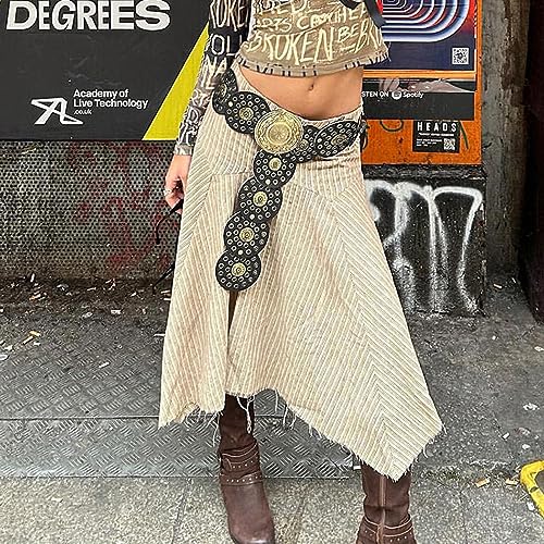 Alyweatry Women Boho Wide Disc Concho Leather Belt Aesthetic Grunge Western Waist Belt Y2K Vintage Accessories thumb #1