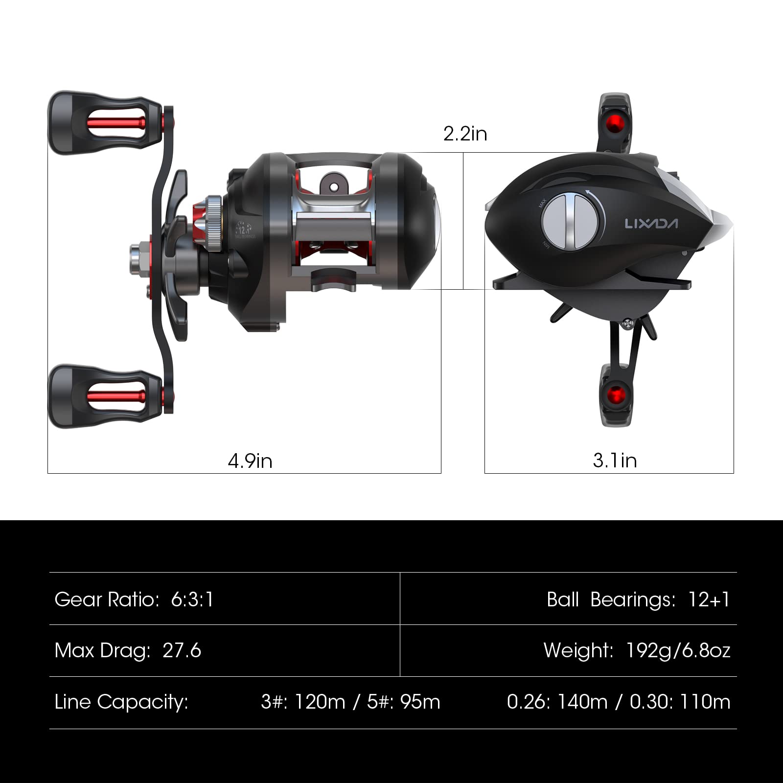 Lixada Moulinet Baitcasting Roulement à billes haute vitesse 12 + 1 Bobine de pêche avec système de freinage magnétique, ., Noir , Rechts Hand