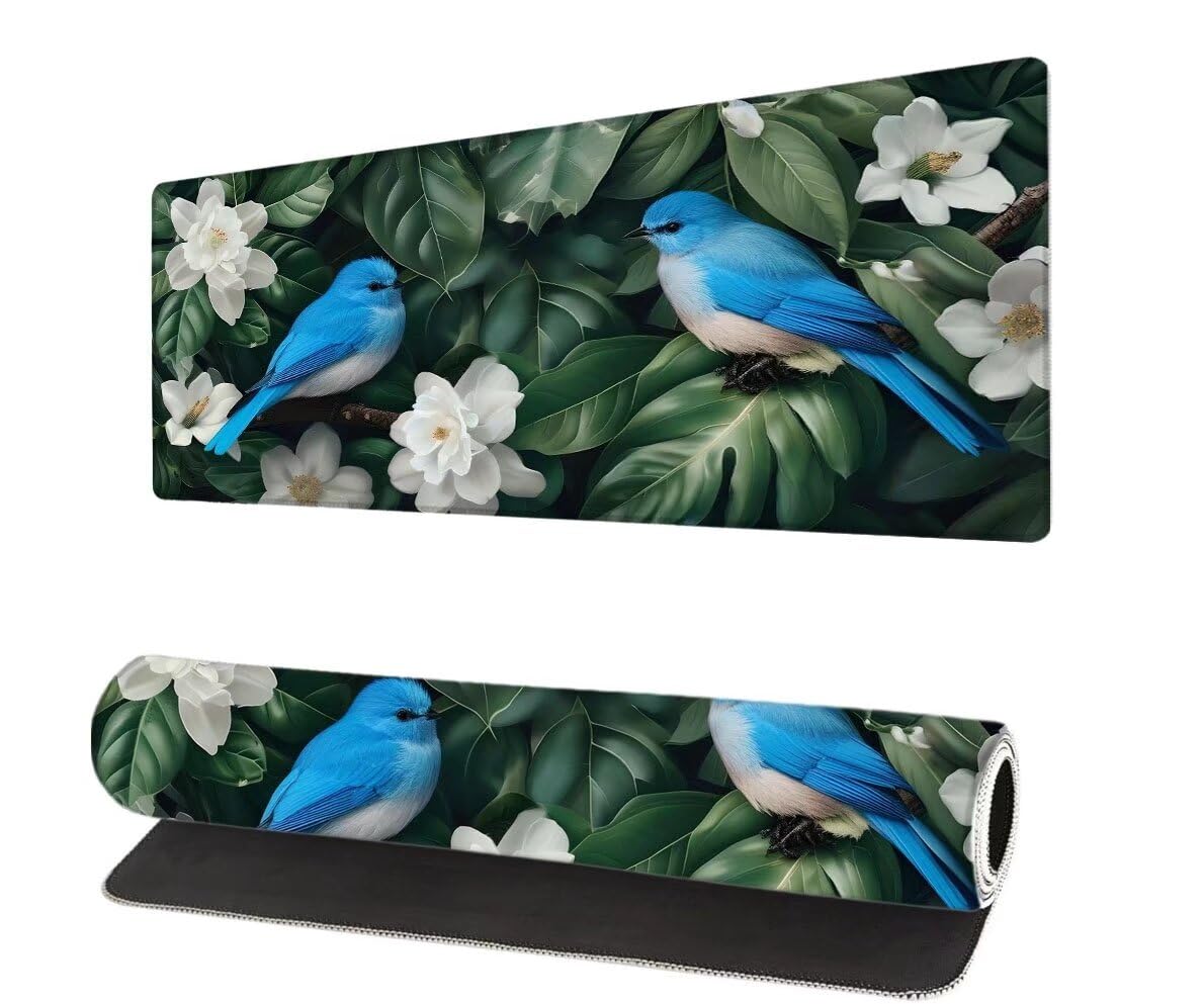 Podkładka pod mysz Ptak, 100 x 50 cm, rozszerzona duża podkładka pod mysz XXL, kwiat, do gier, antypoślizgowa gumowa podstawa, podkładka na biurko, przeszyte krawędzie, wodoodporna powierzchnia,