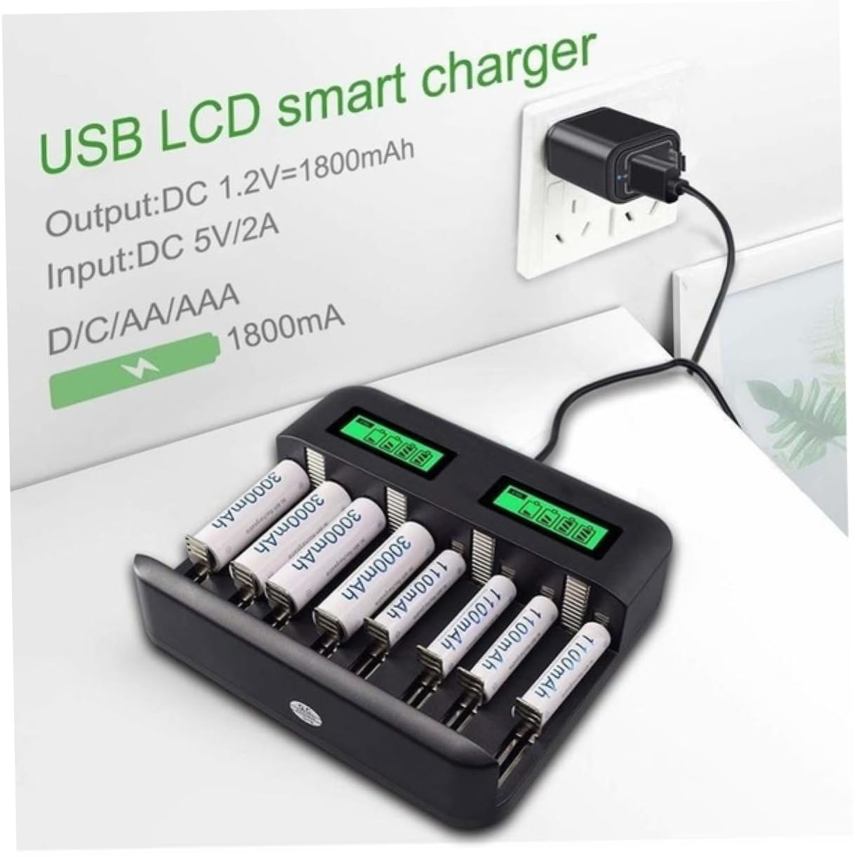jojofuny Cargador Pilas USB Ranuras Carga De Baterías Recargables Pantalla Digital Compatible AA y AAA