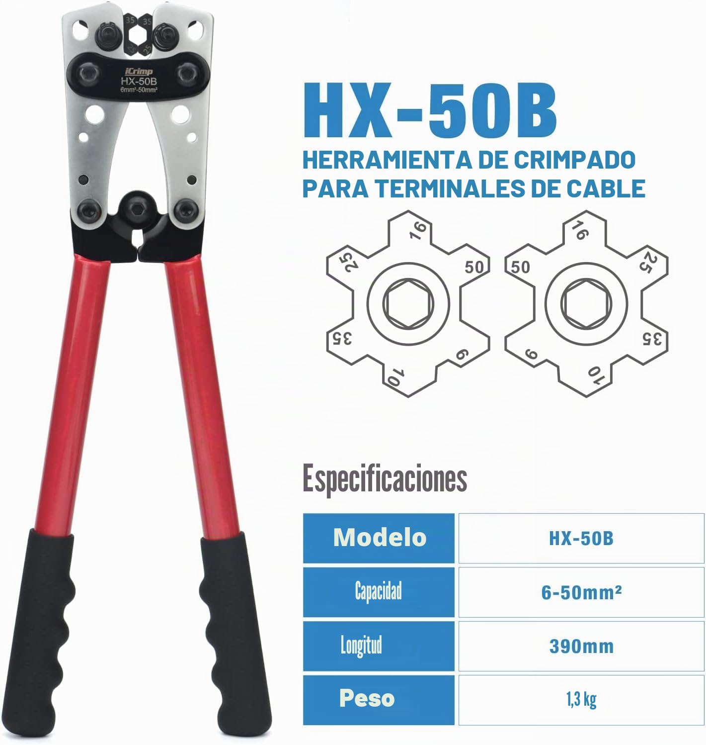 iCrimp - Juego de alicates para cables de batería, alicates para zapatos de cobre robustos y conectores planos, alicates de conexión a tierra de 6-50 mm² con cortador de alambre y cuchilla pelacables