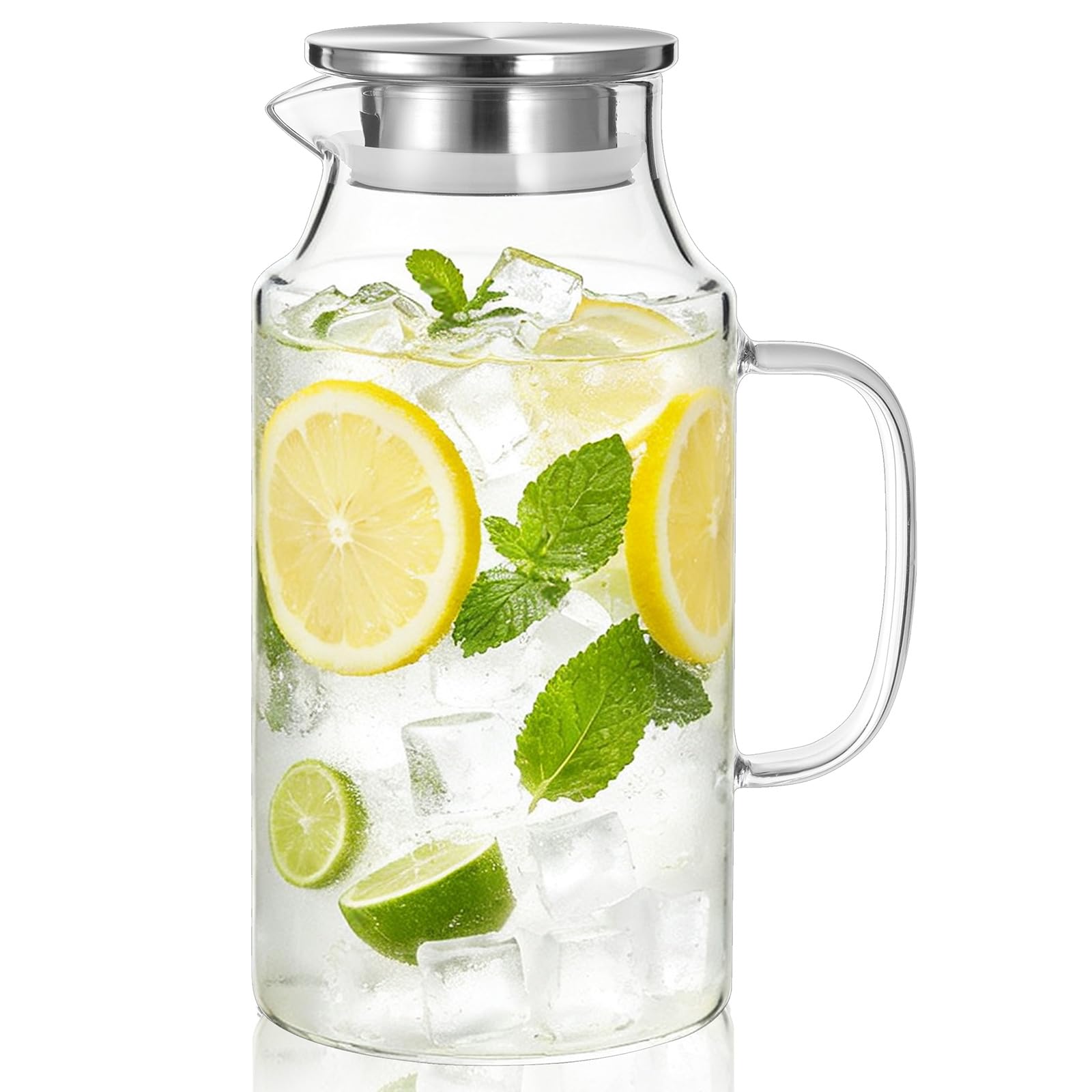 Bivvclaz Short 67.6 oz Glass Pitcher with Lid and Handle, Glass Carafe for Hot/Cold Water, Iced Tea Pitcher for Coffee, Juice and Homemade Beverage
