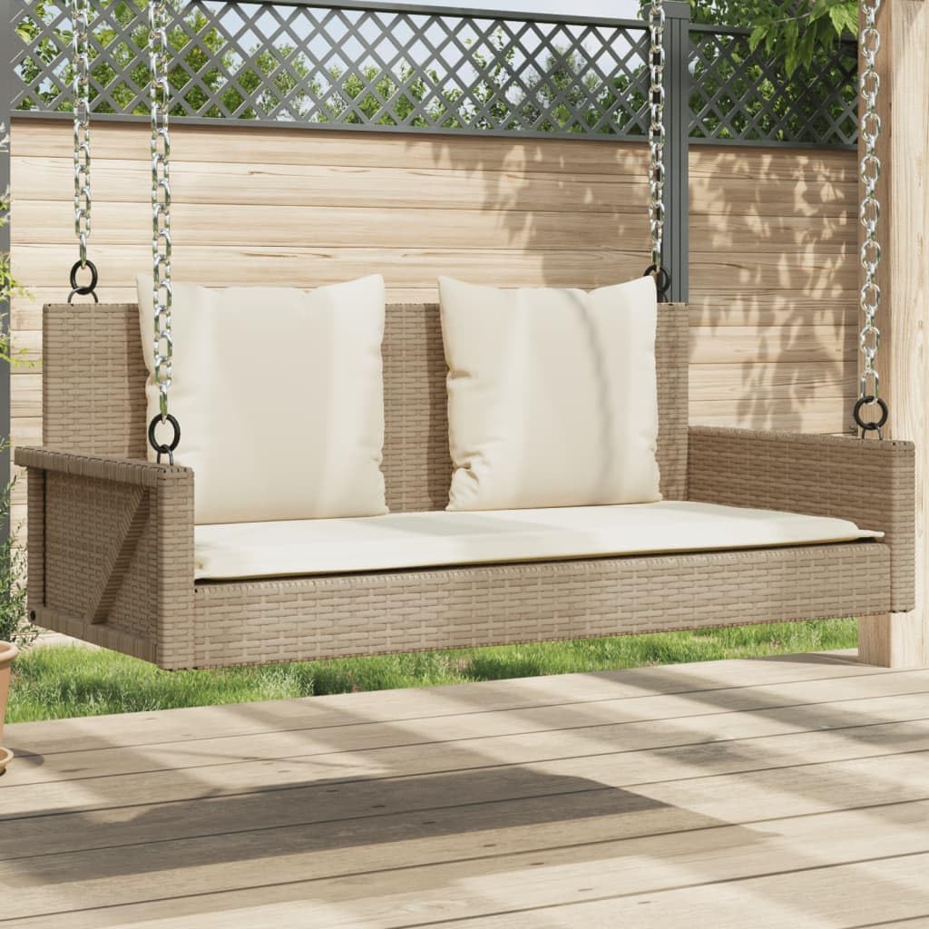 vidaXL Banco colgante con cojín, columpio colgante con anillos de fijación, banco balancín para exterior, columpio de jardín, moderno, beige polirratán