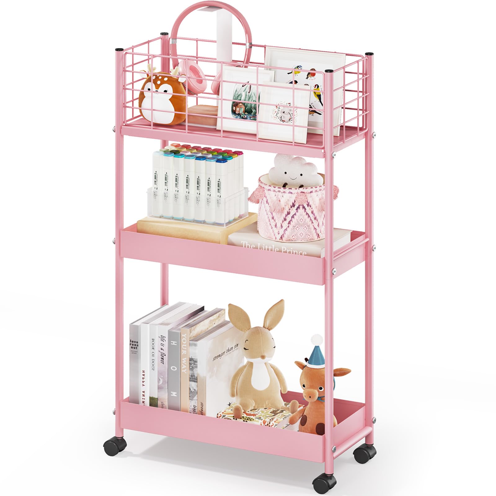 KINGRACK 3-Tier Rolling Utility Cart with Wheels, Metal Slim Storage Cart, Bathroom Multifunctional Storage Organizer, Mobile Shelving Unit for Kitchen, Office, Laundry Room, Narrow Place, Pink